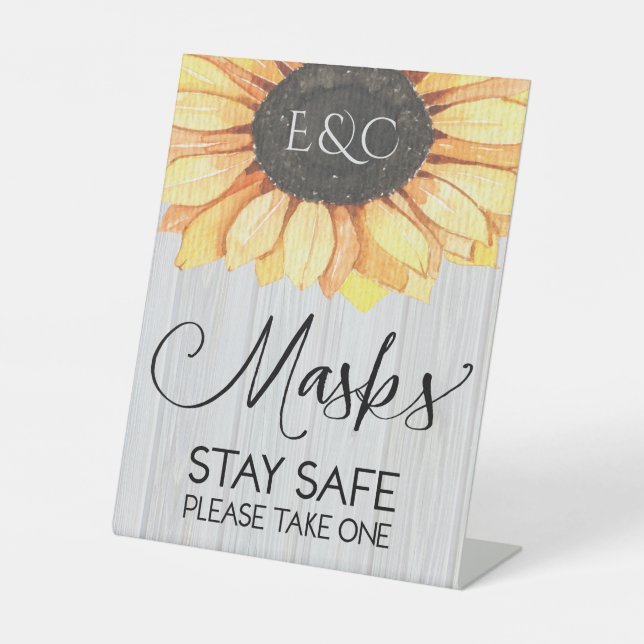 Rustic Sunflower Floral Mask Monogram Wedding Pedestal Sign (Front)