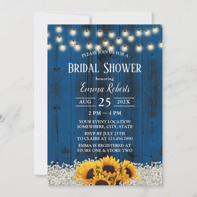 Rustic Sunflower Floral Navy Barn Bridal Shower Invitation (Front)