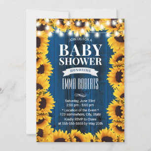 Rustic Sunflower Floral Navy Blue Barn Baby Shower Invitation