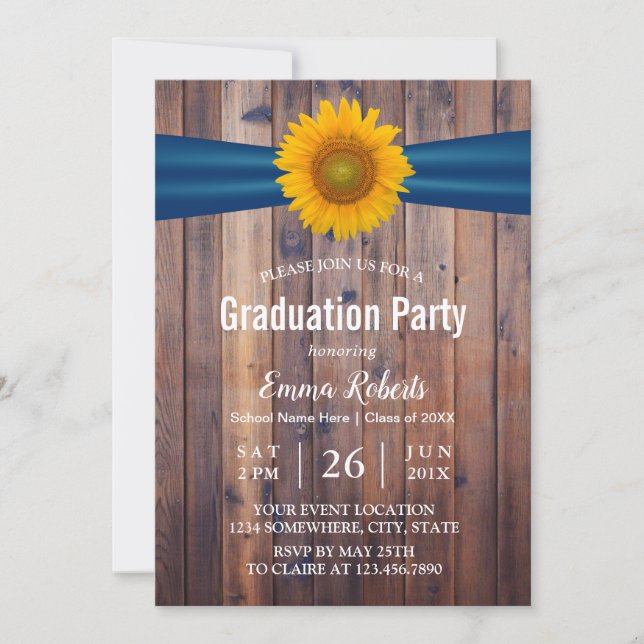 Rustic Sunflower Floral Navy Ribbon Graduation Invitation (Front)