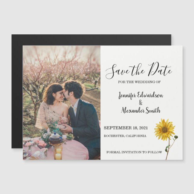Rustic sunflower floral photo country magnetic invitation (Front/Back)