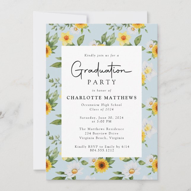Rustic Sunflower  Floral Photo Graduation Party  Invitation (Front)