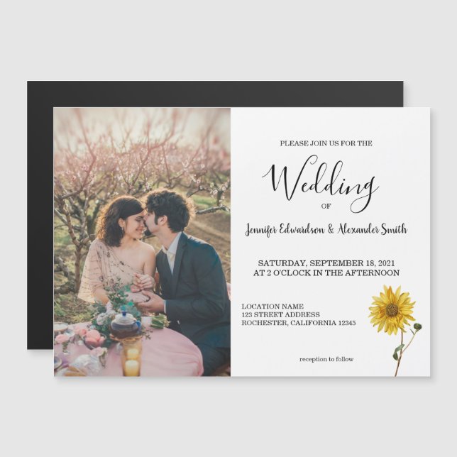 Rustic sunflower floral photo magnetic Wedding (Front/Back)