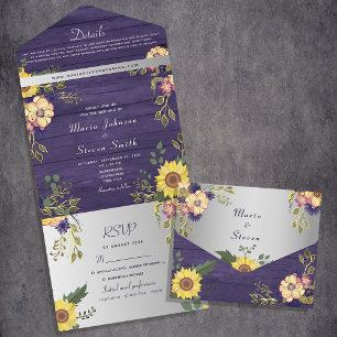 Rustic Sunflower Floral Purple Wedding All In One Invitation