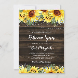 Rustic Sunflower Floral String Lights Bat Mitzvah Invitation