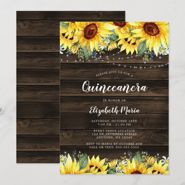 Rustic Sunflower Floral String Lights Quinceanera Invitation (Front/Back)