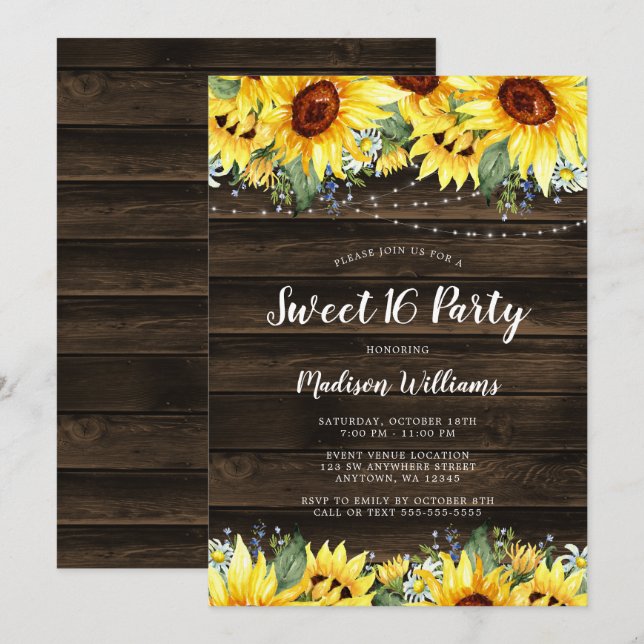 Rustic Sunflower Floral String Lights Sweet 16 Invitation (Front/Back)