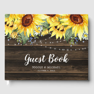 Rustic Sunflower Floral String Lights Wedding Guest Book