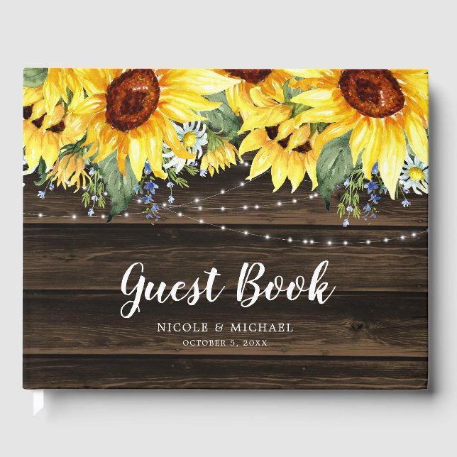 Rustic Sunflower Floral String Lights Wedding Guest Book (Front)