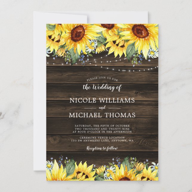Rustic Sunflower Floral String Lights Wedding Invitation (Front)