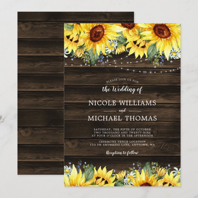 Rustic Sunflower Floral String Lights Wedding Invitation (Front/Back)