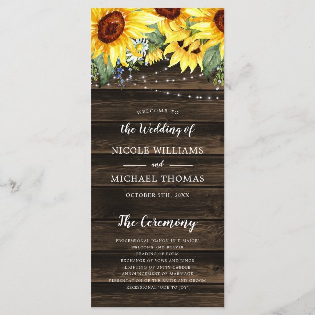 Rustic Sunflower Floral String Lights Wedding Programme (Front)