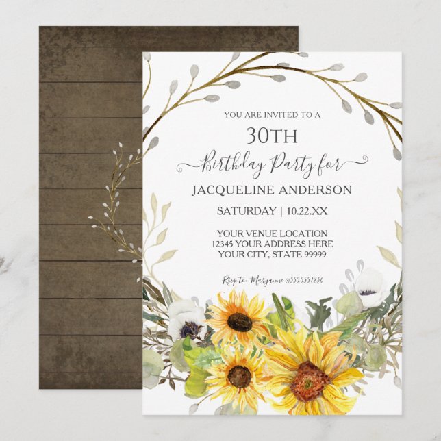Rustic Sunflower Floral Watercolor 30th Birthday Invitation (Front/Back)