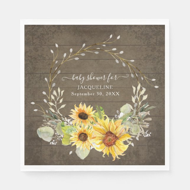Rustic Sunflower Floral Watercolor Boy Baby Shower Napkin (Front)