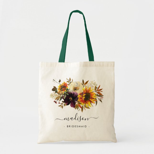 Rustic Sunflower Floral Watercolor Name Bridesmaid Tote Bag (Front)