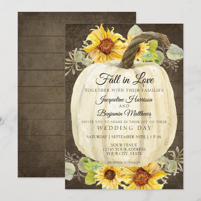 Rustic Sunflower Floral White Pumpkin Rustic Wood Invitation (Front/Back)