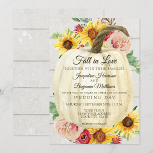 Rustic Sunflower Floral White Pumpkin Shiplap Wood Invitation