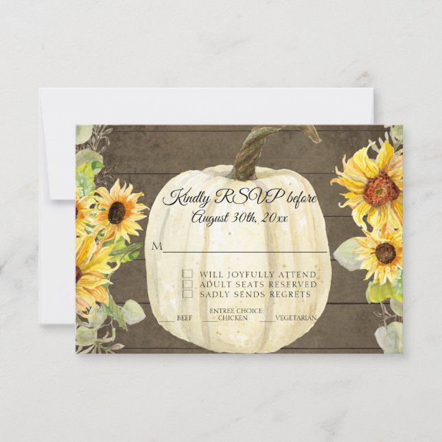 Rustic Sunflower Floral White Pumpkin Wood RSVP  Invitation (Front)