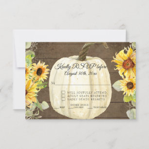 Rustic Sunflower Floral White Pumpkin Wood RSVP  Invitation