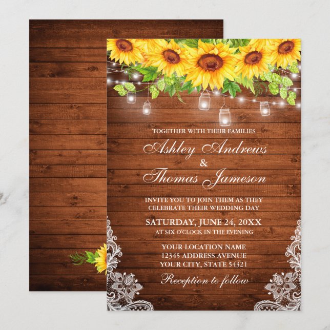 Rustic Sunflower Floral Wood Mason Jar Lights Lace Invitation (Front/Back)
