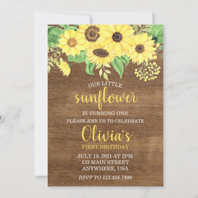 Rustic Sunflower Floral Wood Summer First Birthday Invitation (Front)