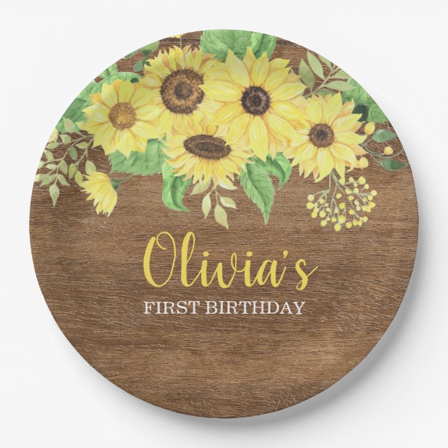 Rustic Sunflower Floral Wood Summer First Birthday Paper Plate (Front)