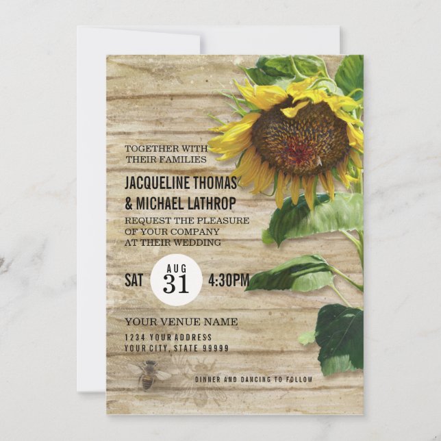 Rustic Sunflower Floral Wooden Fence Bee Hive  Invitation (Front)