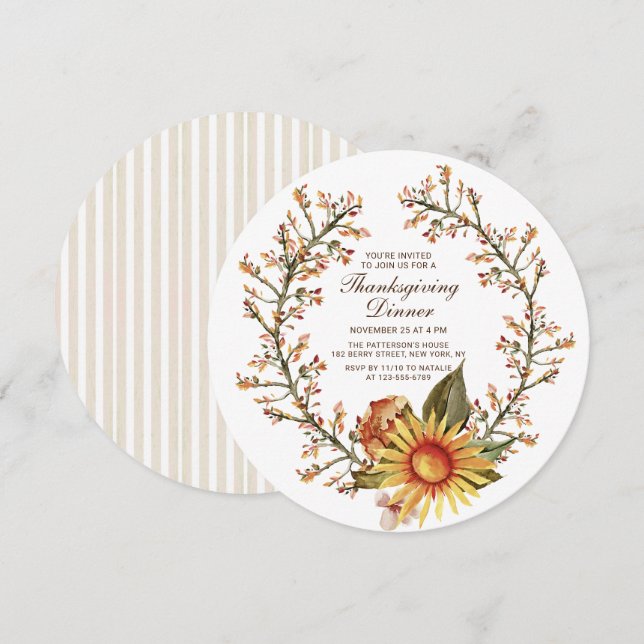 Rustic Sunflower Floral Wreath Thanksgiving Dinner Invitation (Front/Back)