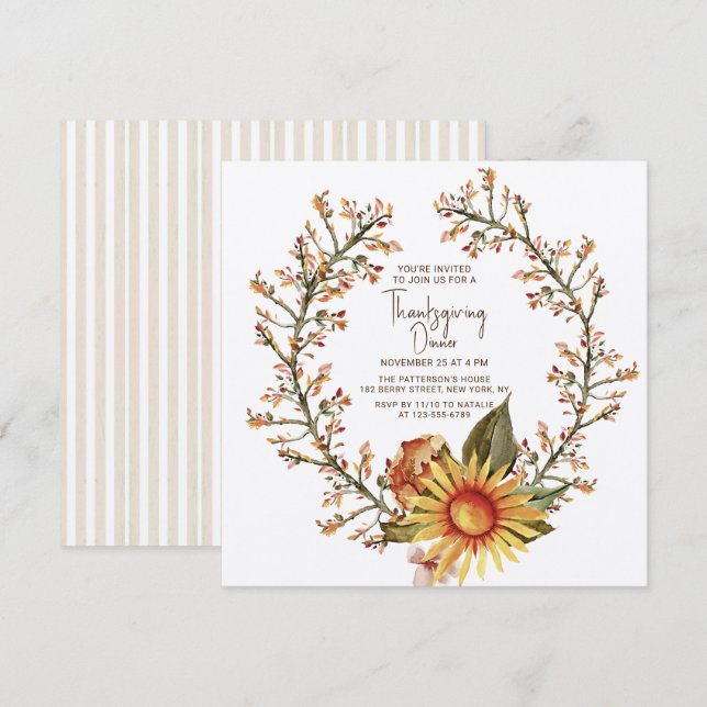 Rustic Sunflower Floral Wreath Thanksgiving Dinner Invitation (Front/Back)