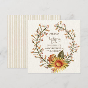 Rustic Sunflower Floral Wreath Thanksgiving Dinner Invitation