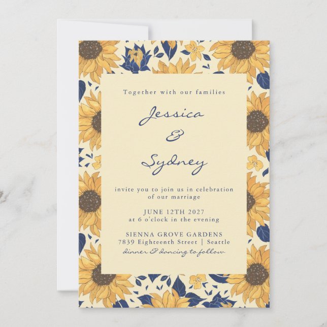 Rustic Sunflower Floral Yellow Blue Script Wedding Invitation (Front)