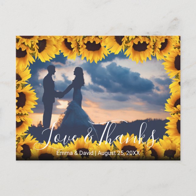 Rustic Sunflower Frame Wedding Photo Thank You Postcard (Front)