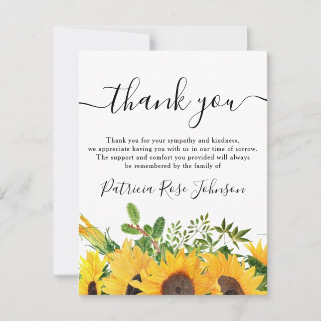 Rustic Sunflower Funeral Memorial Thank You (Front)