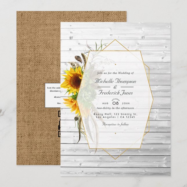 Rustic Sunflower Geometric Country Barn Wedding In Invitation (Front/Back)