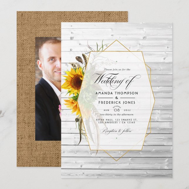 Rustic Sunflower Geometric Country Barn Wedding In Invitation (Front/Back)