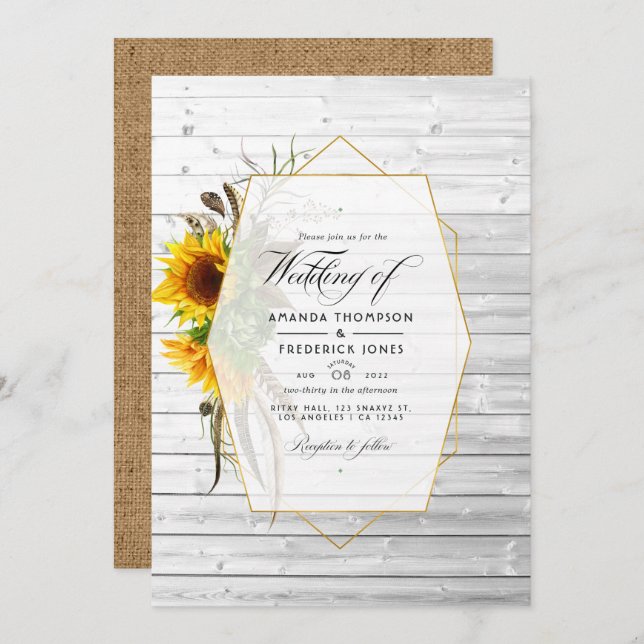 Rustic Sunflower Geometric Country Barn Wedding Invitation (Front/Back)