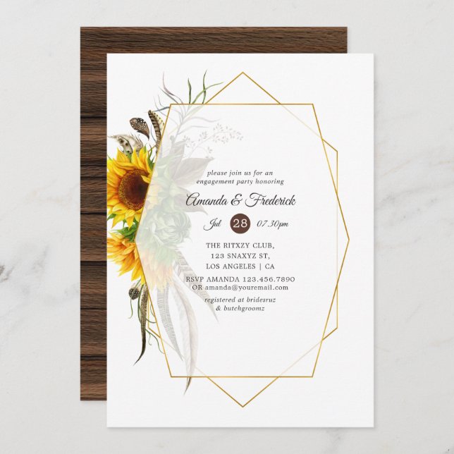 Rustic Sunflower Geometric Engagement Party Invitation (Front/Back)