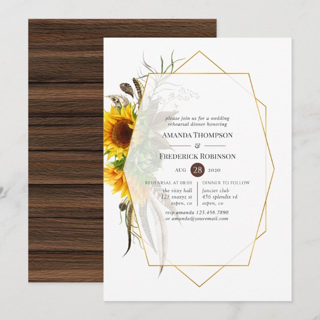 Rustic Sunflower Geometric Rehearsal Dinner Invitation (Front/Back)