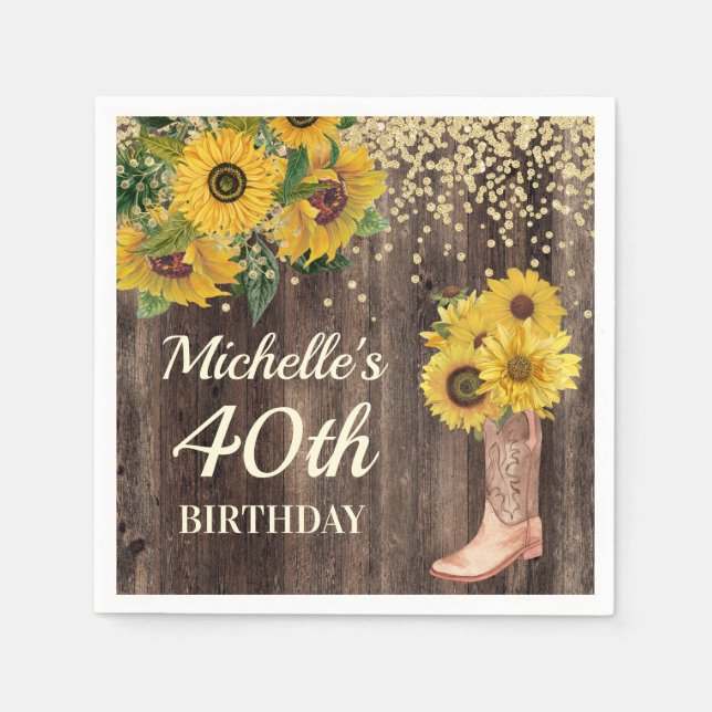 Rustic Sunflower Glitter  Boots Wood 40th Birthday Napkin (Front)
