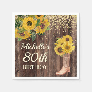 Rustic Sunflower Glitter  Boots Wood 80th Birthday Napkin