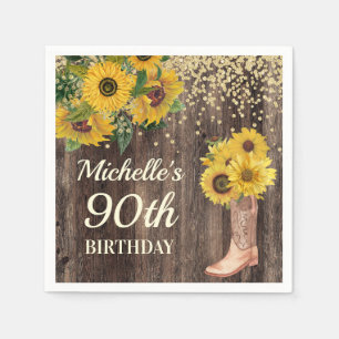 Rustic Sunflower Glitter Boots Wood 90th Birthday Napkin
