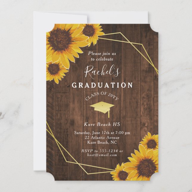 Rustic Sunflower Gold Geometric Graduation Party Invitation (Front)