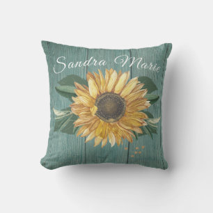 Rustic Sunflower Golden Yellow Green Wood   name   Cushion