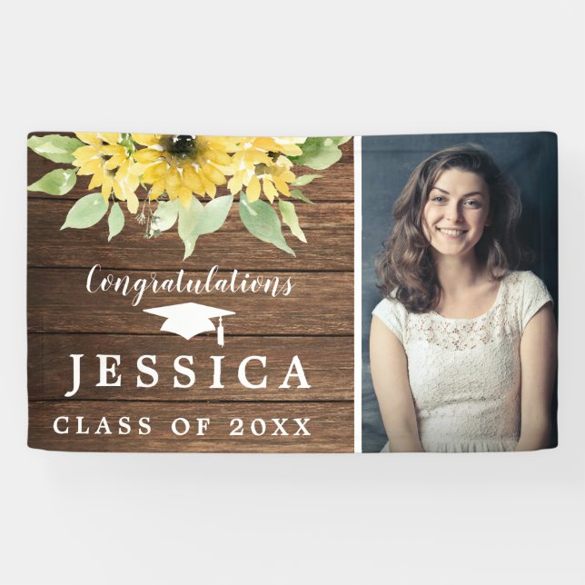Rustic Sunflower Graduate Photo Graduation Party Banner (Horizontal)