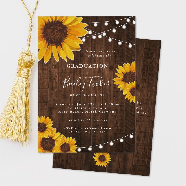 Rustic Sunflower Graduation Party String Lights Invitation (Creator Uploaded)