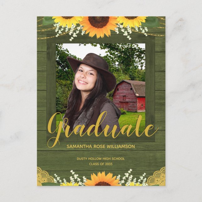 Rustic Sunflower Green and Gold Photo Graduation Announcement Postcard (Front)