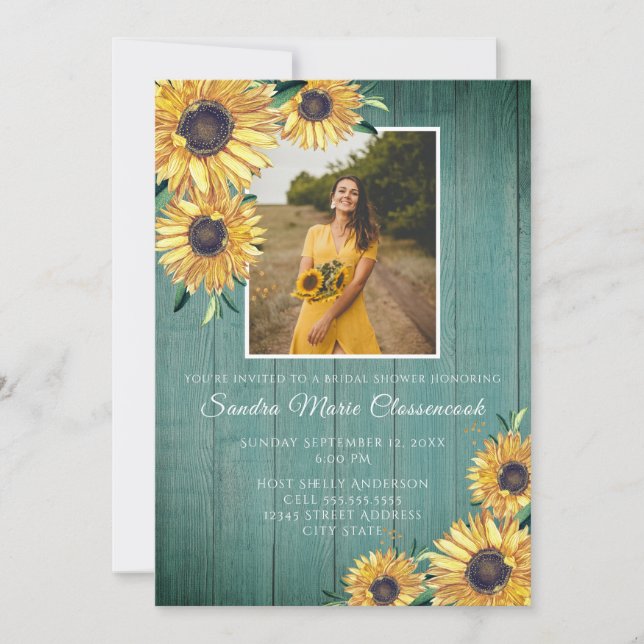 Rustic Sunflower Green Wood Wedding Bridal Shower  Invitation (Front)