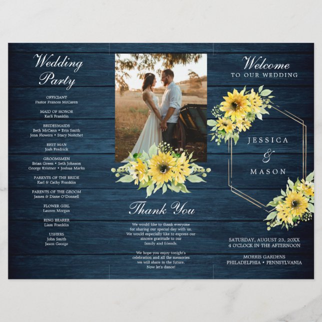 Rustic Sunflower Greenery Folded Wedding Program Flyer (Front)