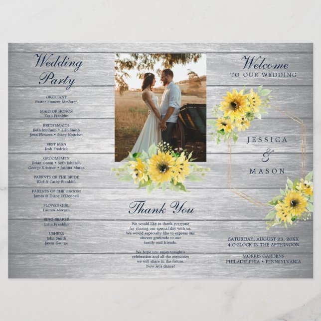 Rustic Sunflower Greenery Folded Wedding Program Flyer (Front)