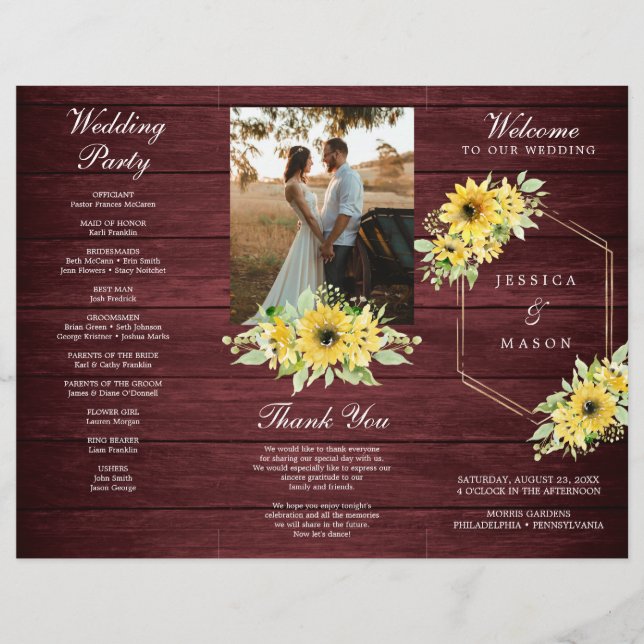 Rustic Sunflower Greenery Folded Wedding Program Flyer (Front)